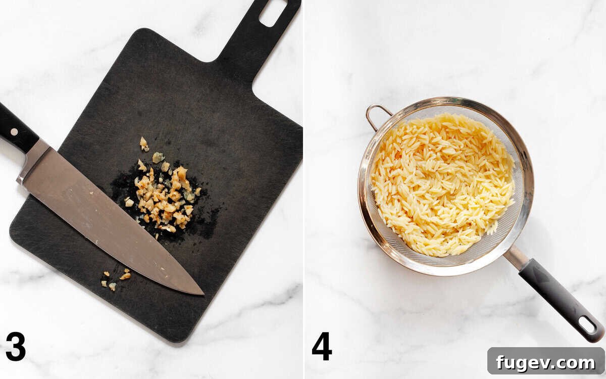 Roasted Mediterranean Vegetable Orzo 5 Two images side by side. One shows finely minced roasted garlic on a cutting board. The other shows cooked orzo pasta being drained in a mesh strainer.