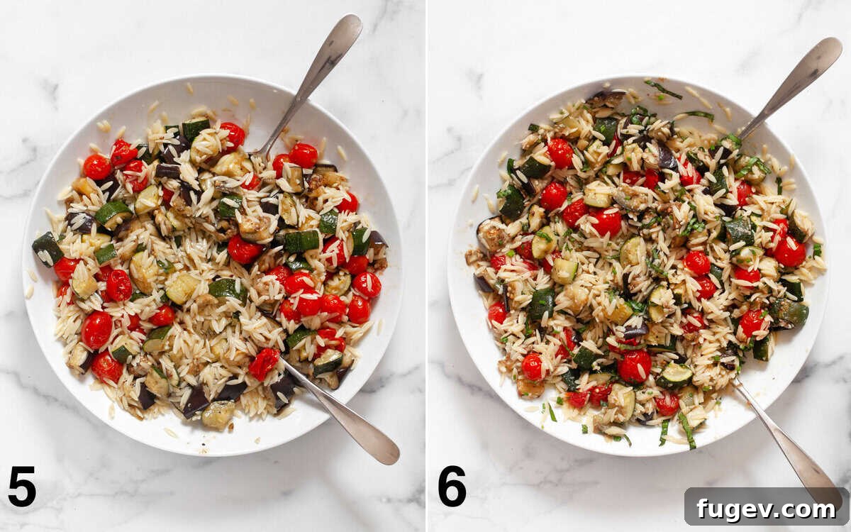 Roasted Mediterranean Vegetable Orzo 6 Two images side by side. One shows roasted vegetables and garlic stirred into cooked orzo in a large bowl. The other shows fresh basil, chives, and grated Parmesan cheese being folded into the orzo mixture.
