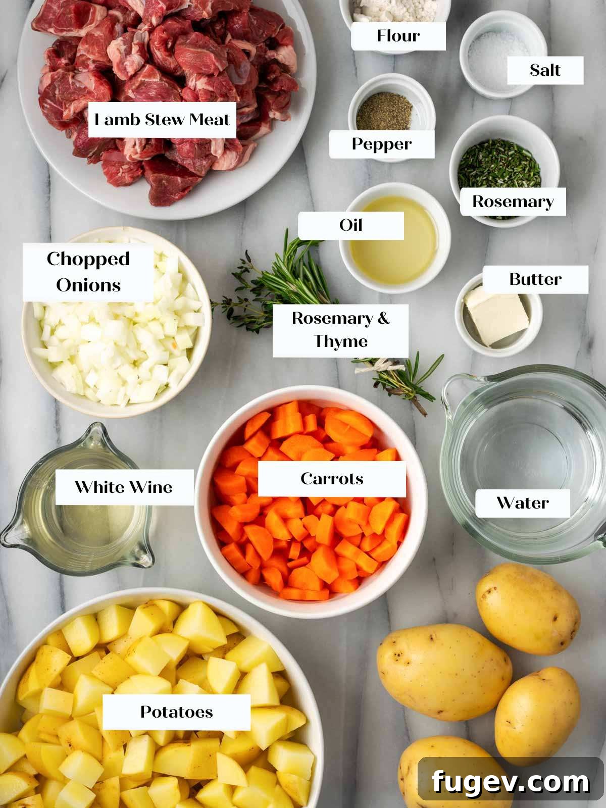 Hearty Lamb Stew 5 All the fresh ingredients for a hearty lamb stew laid out on a marble countertop, including lamb meat, fresh herbs, potatoes, and carrots.
