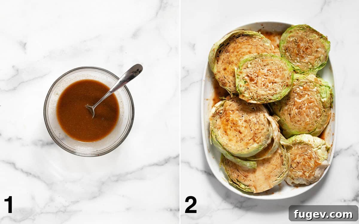 Smoky Grilled Cabbage Steaks 4 A bowl of creamy tahini-soy sauce marinade next to a plate of fresh cabbage slices generously coated in the marinade, ready for grilling.