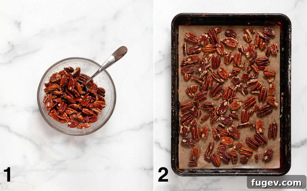 Crisp Apple Pecan Salad 4 Pecans stirred with maple syrup, oil and spices in a bowl. Toasted pecans on a sheet pan.