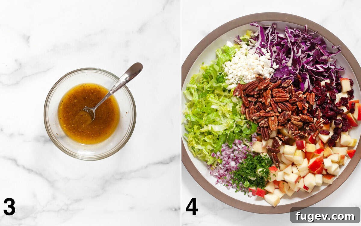 Crisp Apple Pecan Salad 5 Vinaigrette stirred in a small bowl. Salad ingredients assembled in a large bowl.