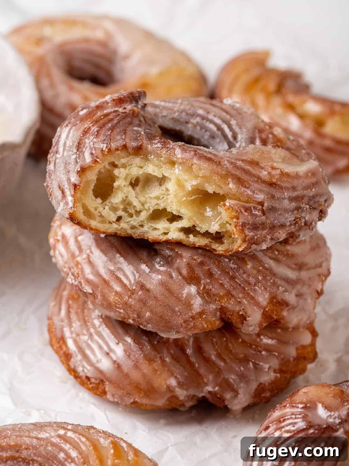Elegant Choux Doughnuts 3 stack of crullers with one bitten.