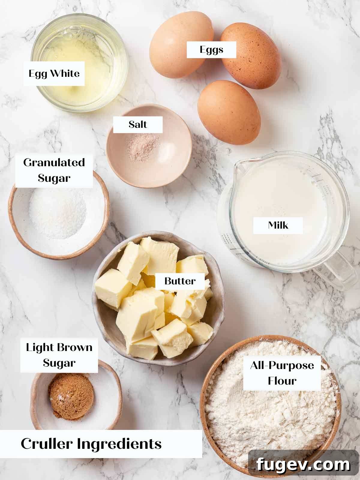 Elegant Choux Doughnuts 4 French cruller ingredients.