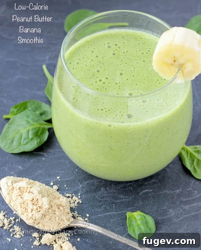 Guilt-Free Peanut Butter Banana Spinach Bliss 6 This low calorie peanut butter banana spinach smoothie recipe is easy and delicious! And the spinach? You won't even know it's there!