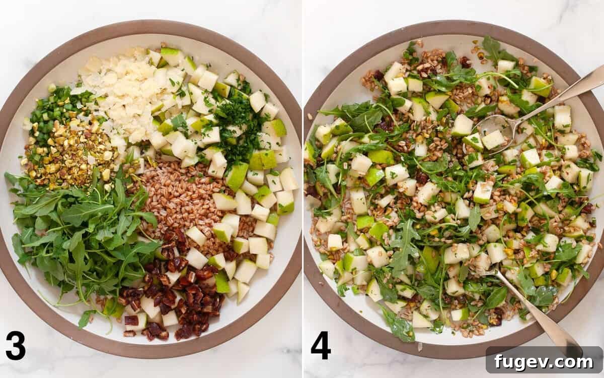 Sweet Pear and Hearty Farro Salad 5 The process of making pear farro salad, showing salad ingredients mixed in a large bowl and the final salad tossed with dressing.