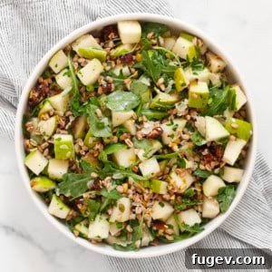 A top-down view of the delicious pear farro salad, ready to be served.