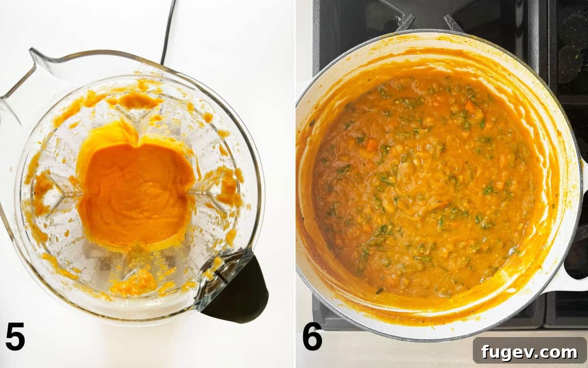 Velvety Pumpkin Soup with Cannellini Beans and Kale 6 A blender with pureed soup, and the final creamy pumpkin soup in a large pot after simmering and blending.