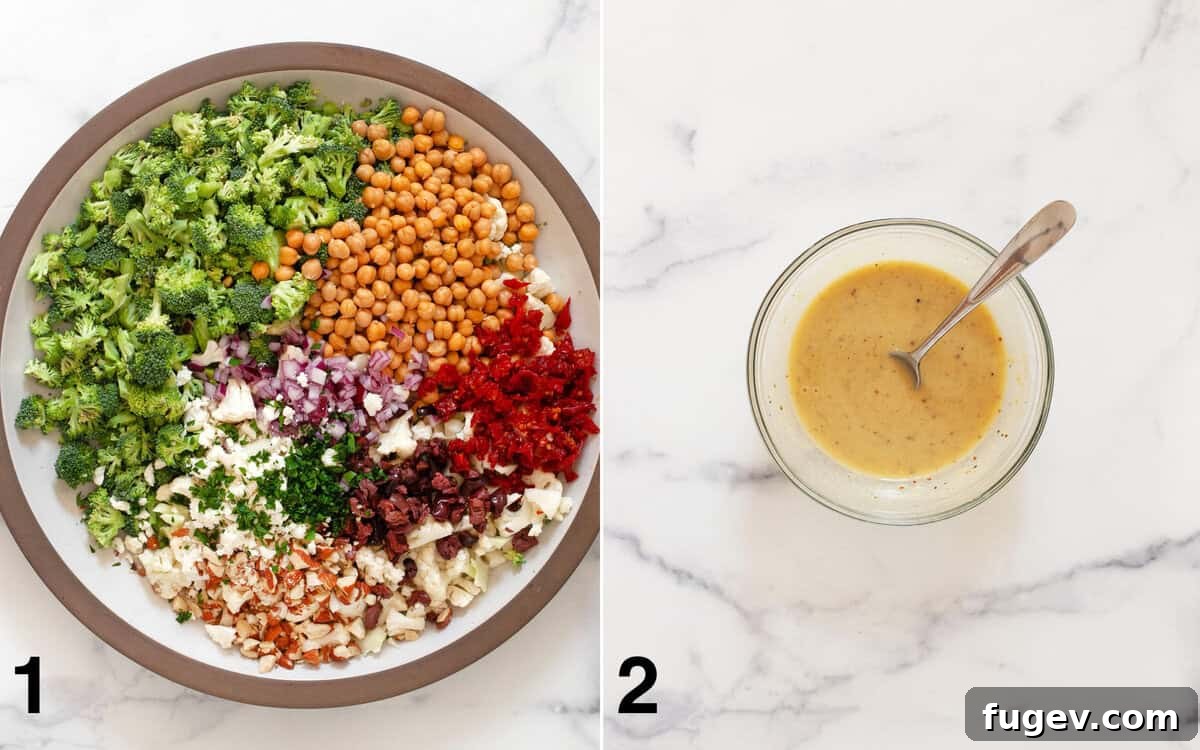 Garden Crisp Florets Salad 4 Salad ingredients assembled in a large bowl, and salad dressing stirred in a small bowl, separate but ready to be combined.