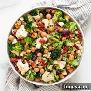 Garden Crisp Florets Salad 6 Broccoli cauliflower salad in a bowl, showing a close-up of the mixed ingredients.