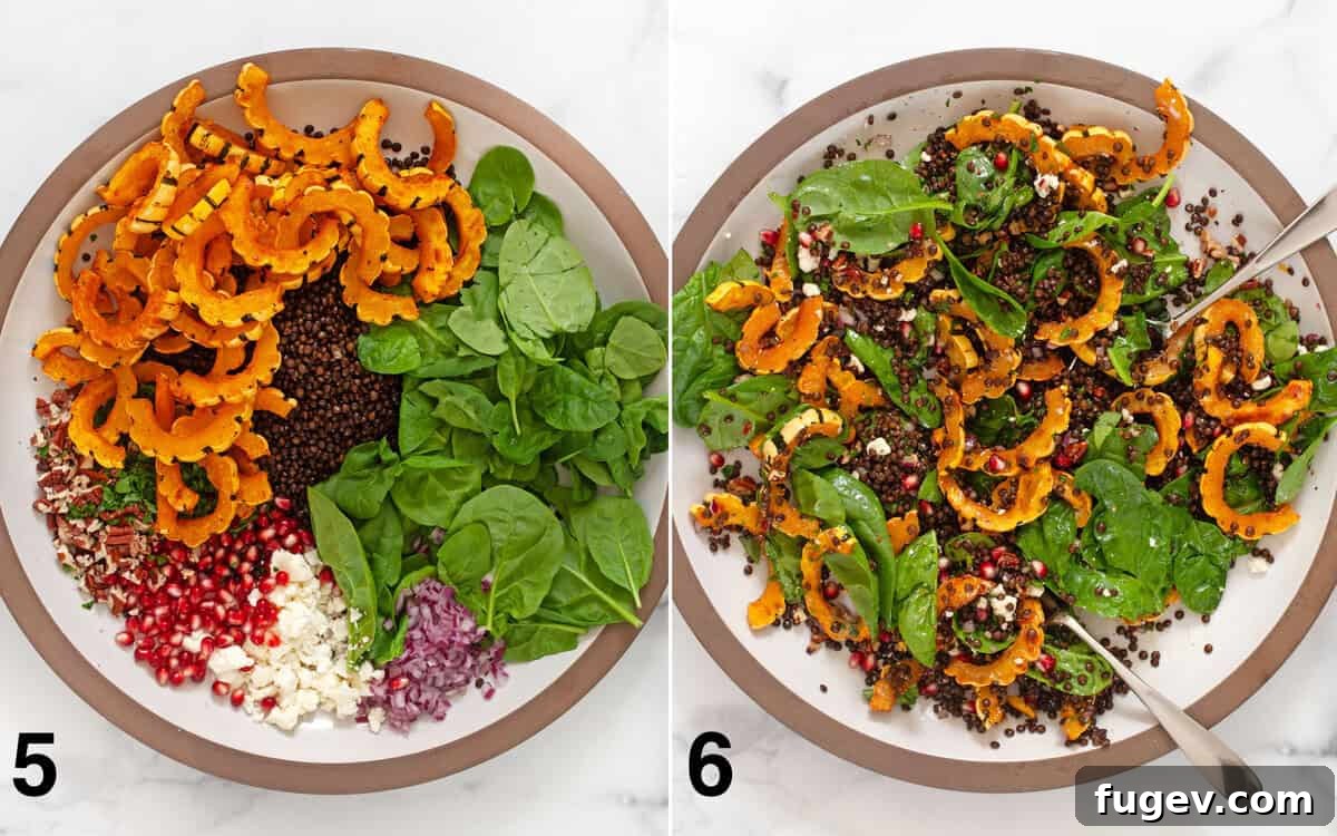 Autumn Delicata Lentil Harvest 6 Salad ingredients are assembled in a large bowl, followed by the salad tossed with dressing, showcasing the final vibrant dish.