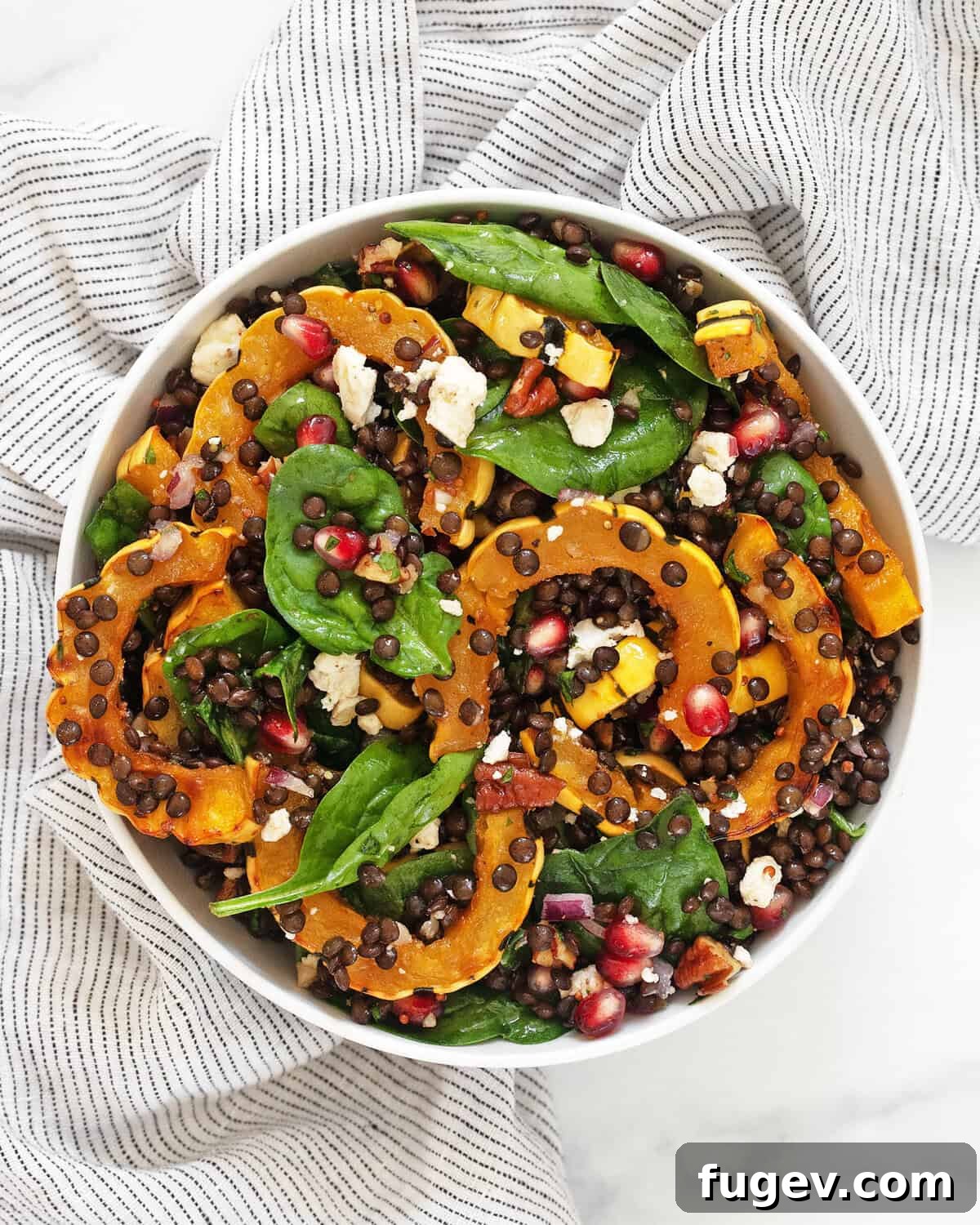Autumn Delicata Lentil Harvest 7 A close-up shot of the roasted delicata squash and lentil salad in a bowl, highlighting the colorful ingredients.