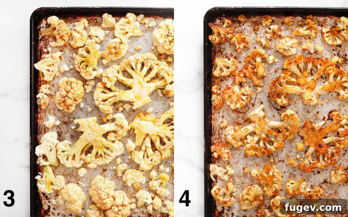 Pan-Seared Portobello Mushroom Steaks 5 A comparison image showing cauliflower steaks on a sheet pan before roasting, pale and unseasoned, next to the same steaks after roasting, golden-brown and caramelized.