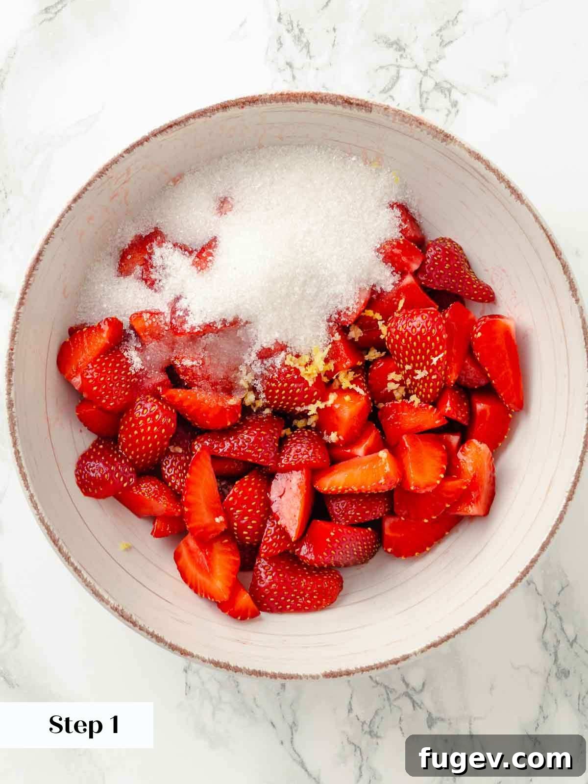 Tangy Buttermilk Panna Cotta 11 ingredients for macerated strawberries in bowl.