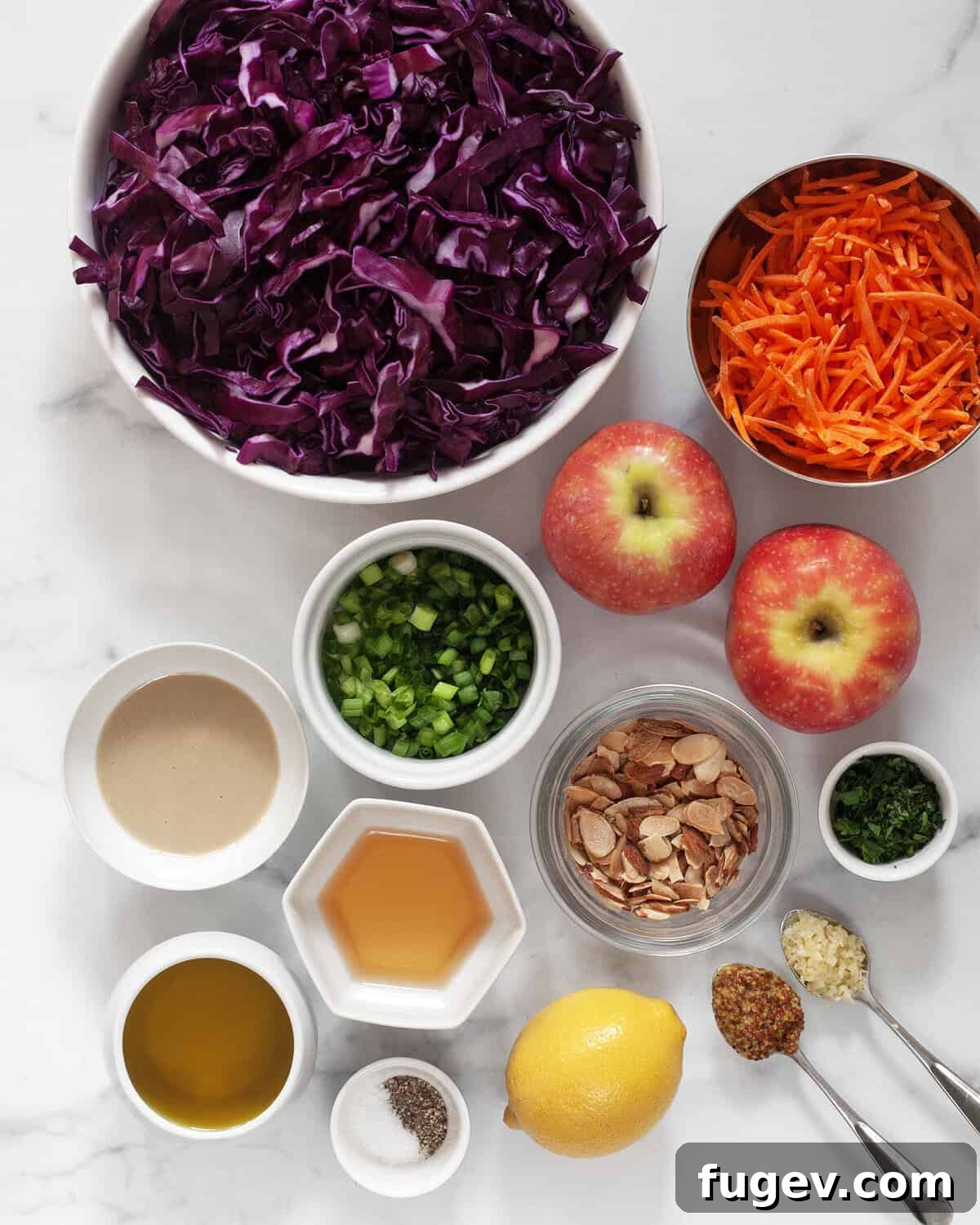 Crimson Cabbage Crunch 3 Ingredients for red cabbage salad including a head of red cabbage, apples, carrots, almonds, scallions, parsley, tahini, apple cider vinegar, garlic, mustard and lemon.