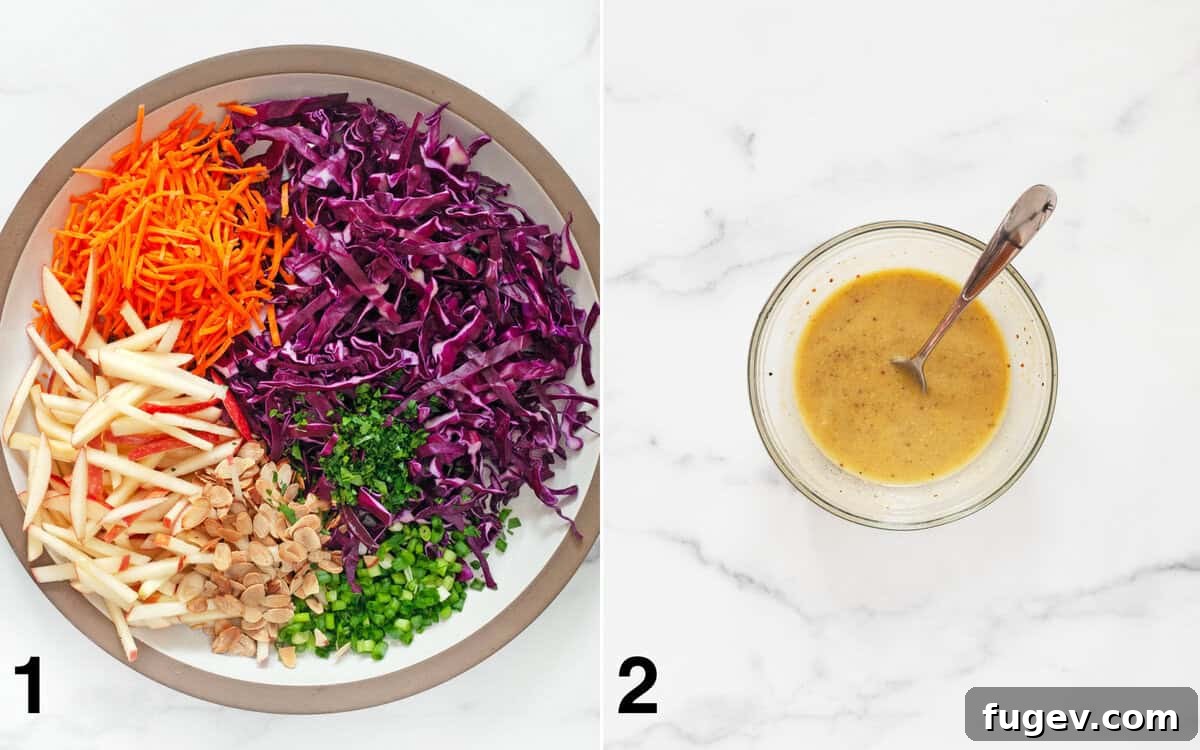 Crimson Cabbage Crunch 4 Salad ingredients in a large bowl. Tahini dressing in a small bowl, ready to be combined.