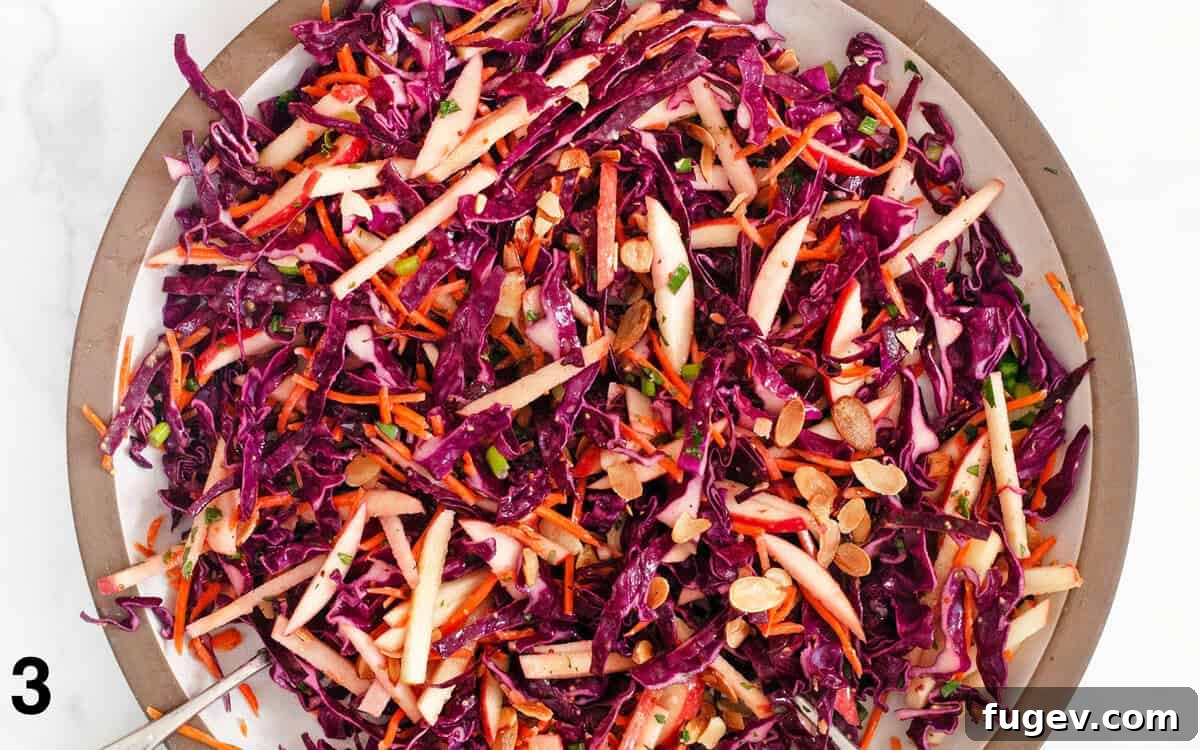 Crimson Cabbage Crunch 5 Red Cabbage Salad tossed with dressing in a large bowl, ready to be served.