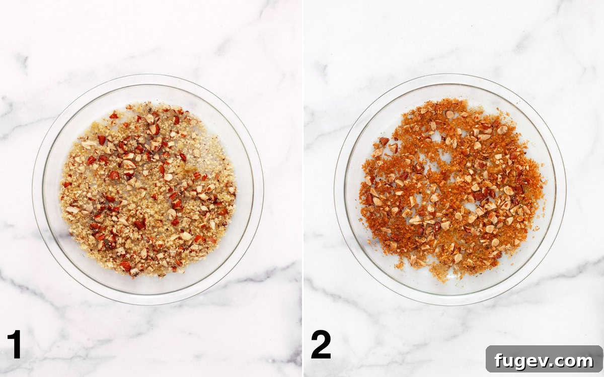 Caramelized Balsamic Sprouts 4 Breadcrumb mixture in a pie dish before and after being toasted in the oven to a golden brown.