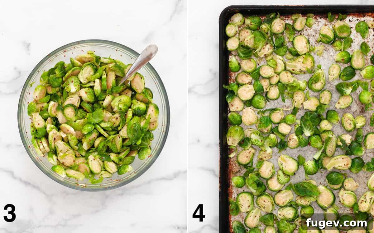 Caramelized Balsamic Sprouts 5 Brussels sprouts tossed in balsamic marinade, then spread evenly across a sheet pan for roasting.