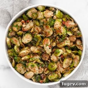 Caramelized Balsamic Sprouts 7 Roasted balsamic brussels sprouts in a serving bowl, ready to enjoy.
