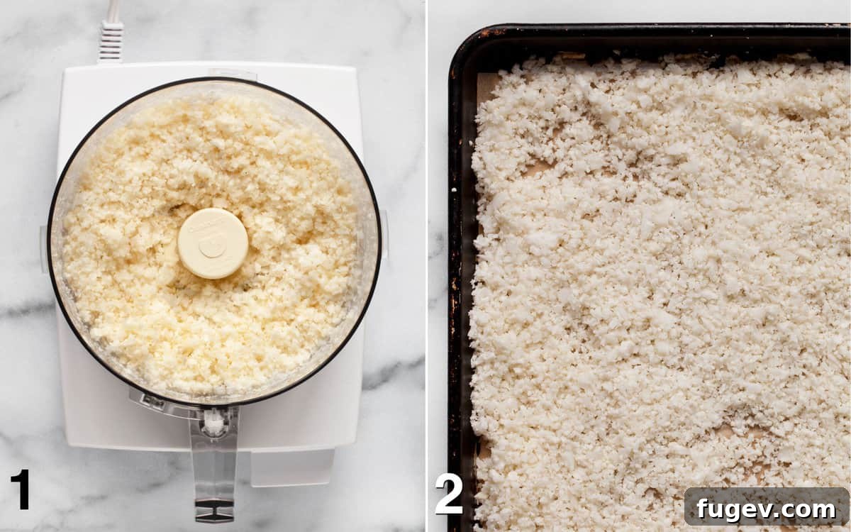 Power Cauliflower Crust 4 Two images: one showing riced cauliflower in a food processor, and the other showing riced cauliflower spread out on a baking sheet.