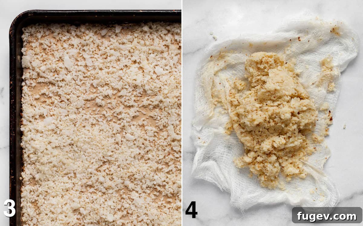 Power Cauliflower Crust 5 Two images: one showing baked cauliflower rice on a sheet pan, and the other showing squeezed cauliflower rice in cheesecloth with moisture removed.