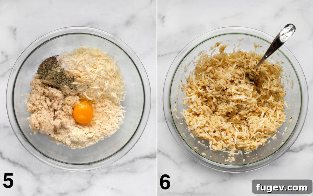 Power Cauliflower Crust 6 Two images: one showing cauliflower rice, egg, spices, and cheese in a bowl, and the other showing the crust ingredients stirred together into a dough.