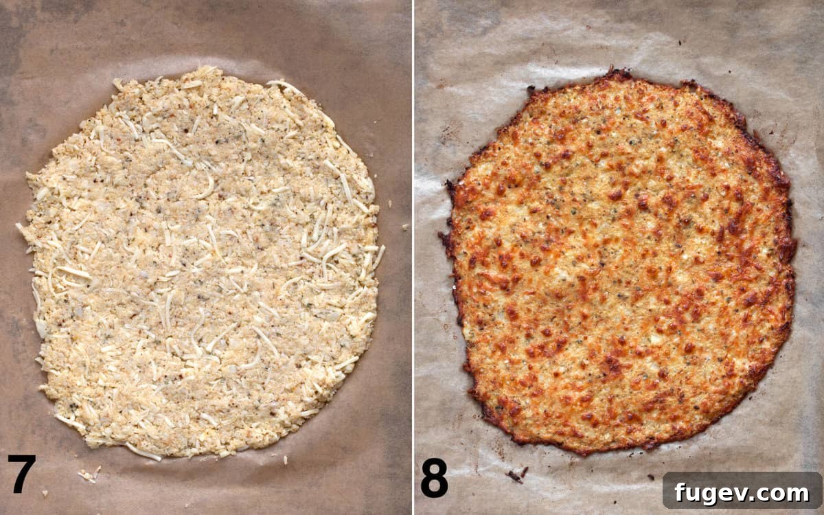 Power Cauliflower Crust 7 Two images: one showing a cauliflower crust on a pan before baking, and the other showing the same crust after baking to a golden brown.
