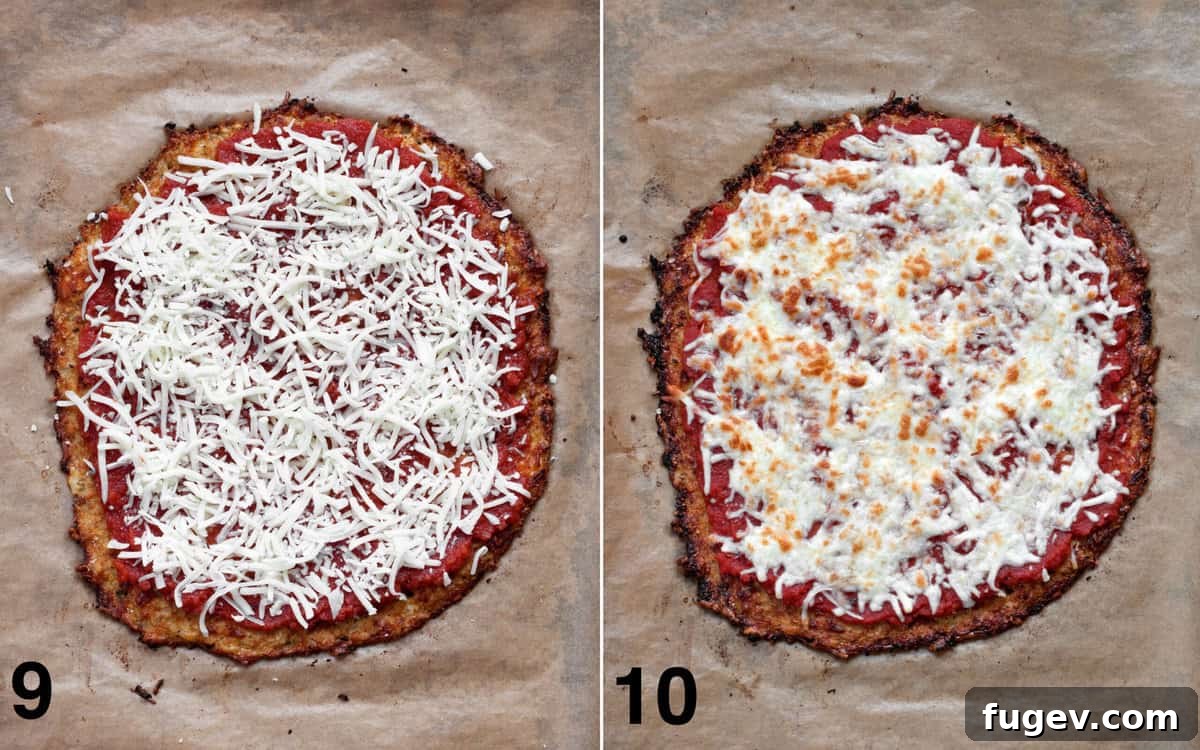 Power Cauliflower Crust 8 Two images: one showing an assembled cauliflower pizza before baking, and the other showing the finished pizza after being baked in the oven with melted cheese.