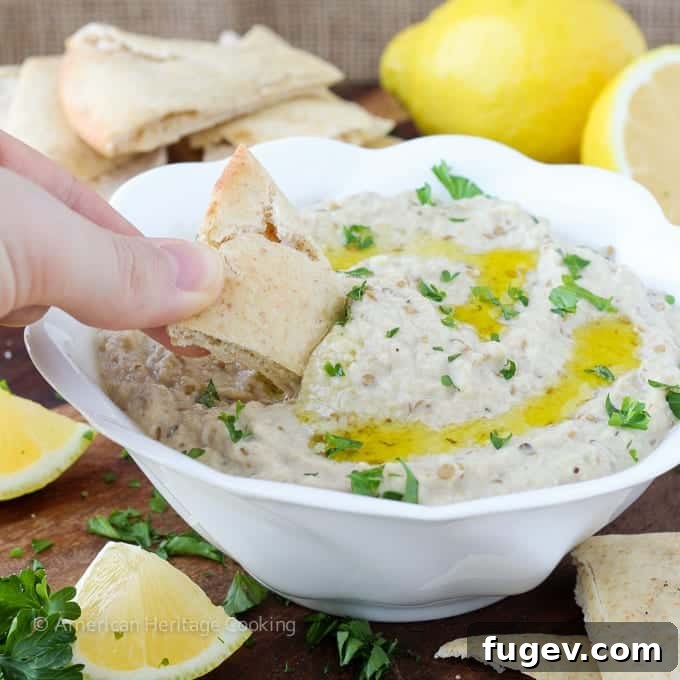 Smoky Eggplant Dip 5 A bowl of freshly made Baba Ganoush, garnished with olive oil and parsley, surrounded by warm pita bread triangles on a rustic wooden board.