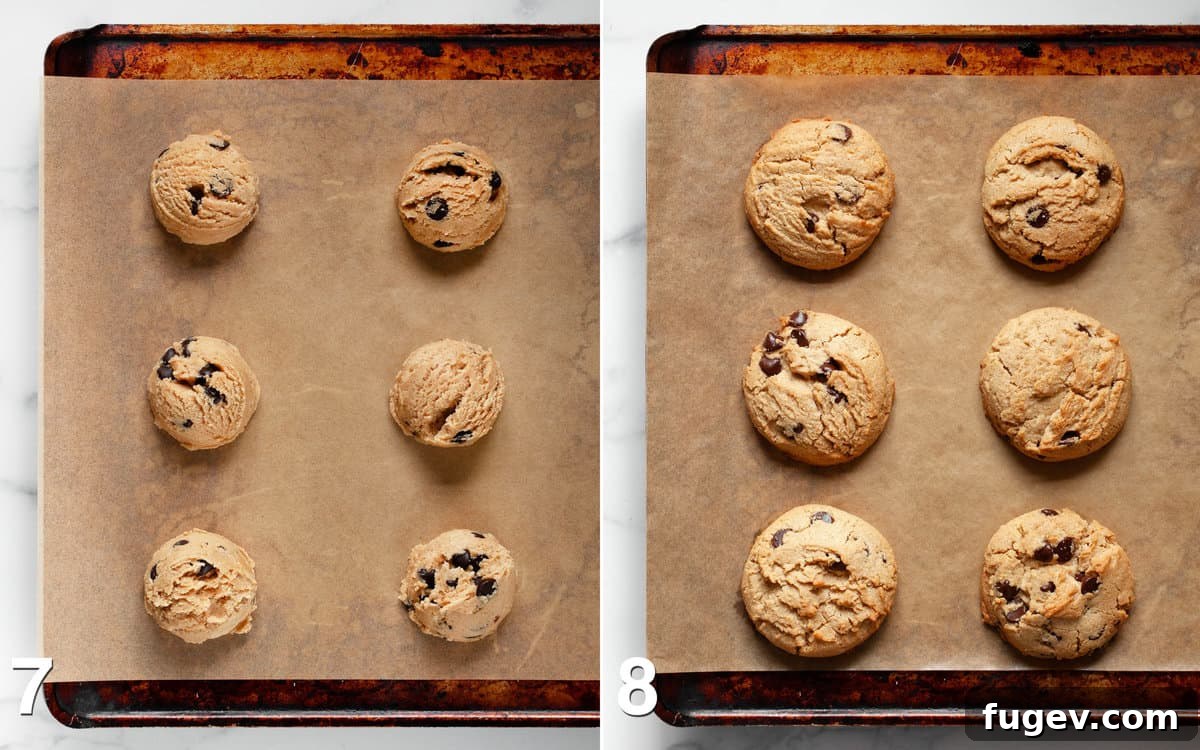 Chewy Chocolate Chip Peanut Butter Cookies 7 A before-and-after shot of peanut butter chocolate chip cookies on a baking sheet, showing them unbaked and then beautifully golden and cracked after baking.