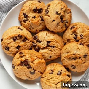 A small plate showcasing a stack of thick peanut butter cookies studded with delicious chocolate chips.