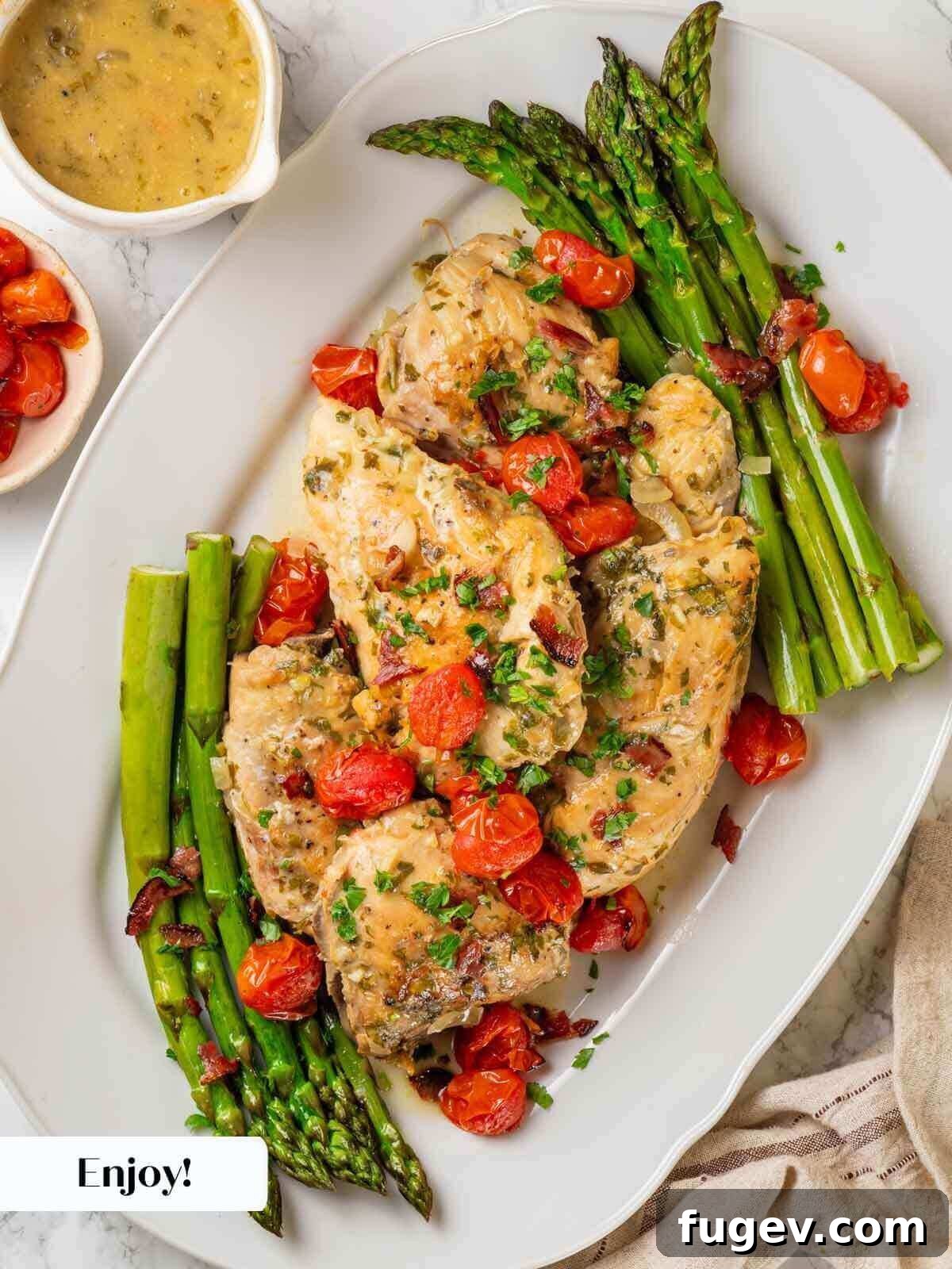 Bright White Wine Chicken 11 A beautifully presented dish of chicken in white wine sauce on a white serving dish, garnished with fresh herbs and blistered tomatoes.