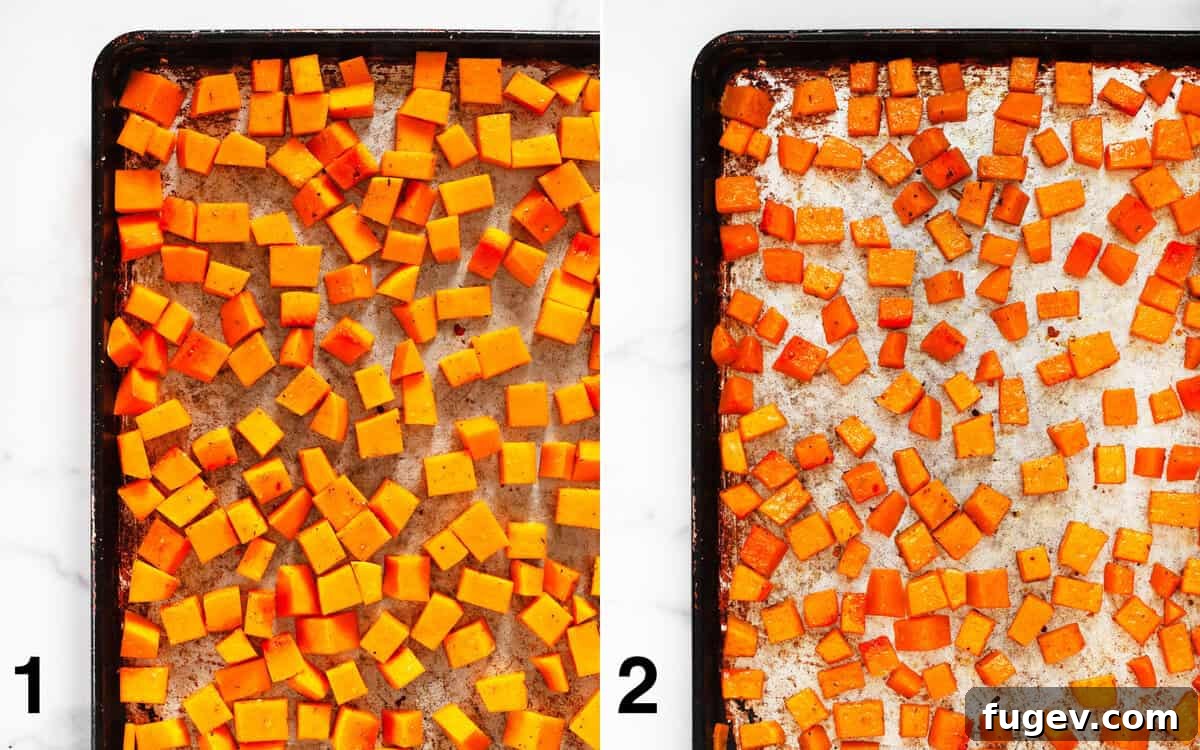 Golden Roasted Butternut Kale Orzo 4 Butternut squash on a sheet pan before and after it roasts, illustrating the transformation.