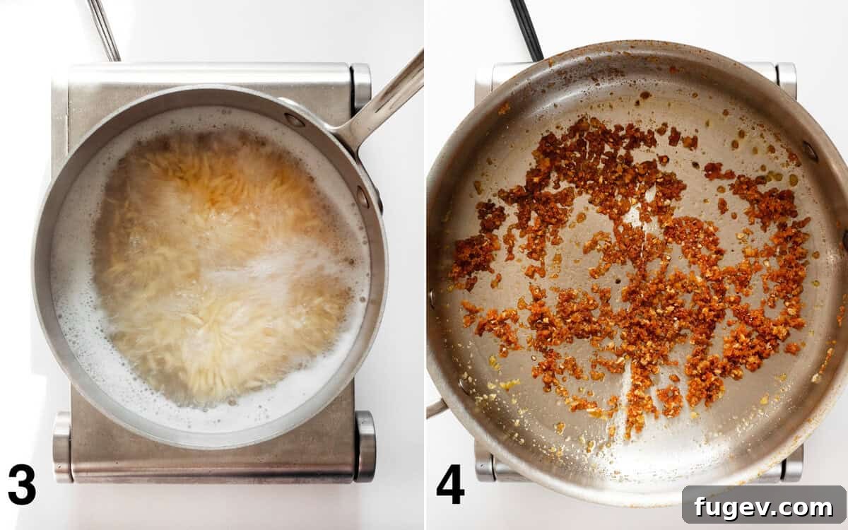 Golden Roasted Butternut Kale Orzo 5 Orzo simmering in a pot and breadcrumbs toasting in a sauté pan simultaneously.