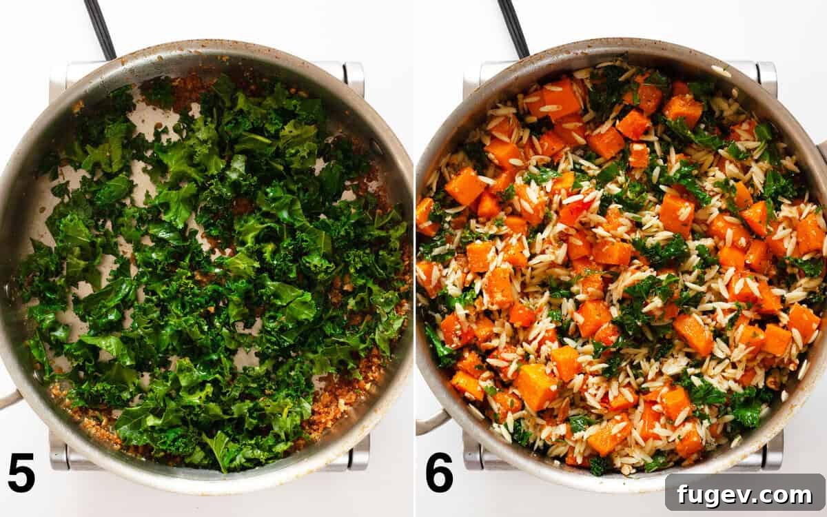 Golden Roasted Butternut Kale Orzo 6 Kale sautéing in a pan, followed by the roasted butternut squash and orzo being stirred into the mixture.