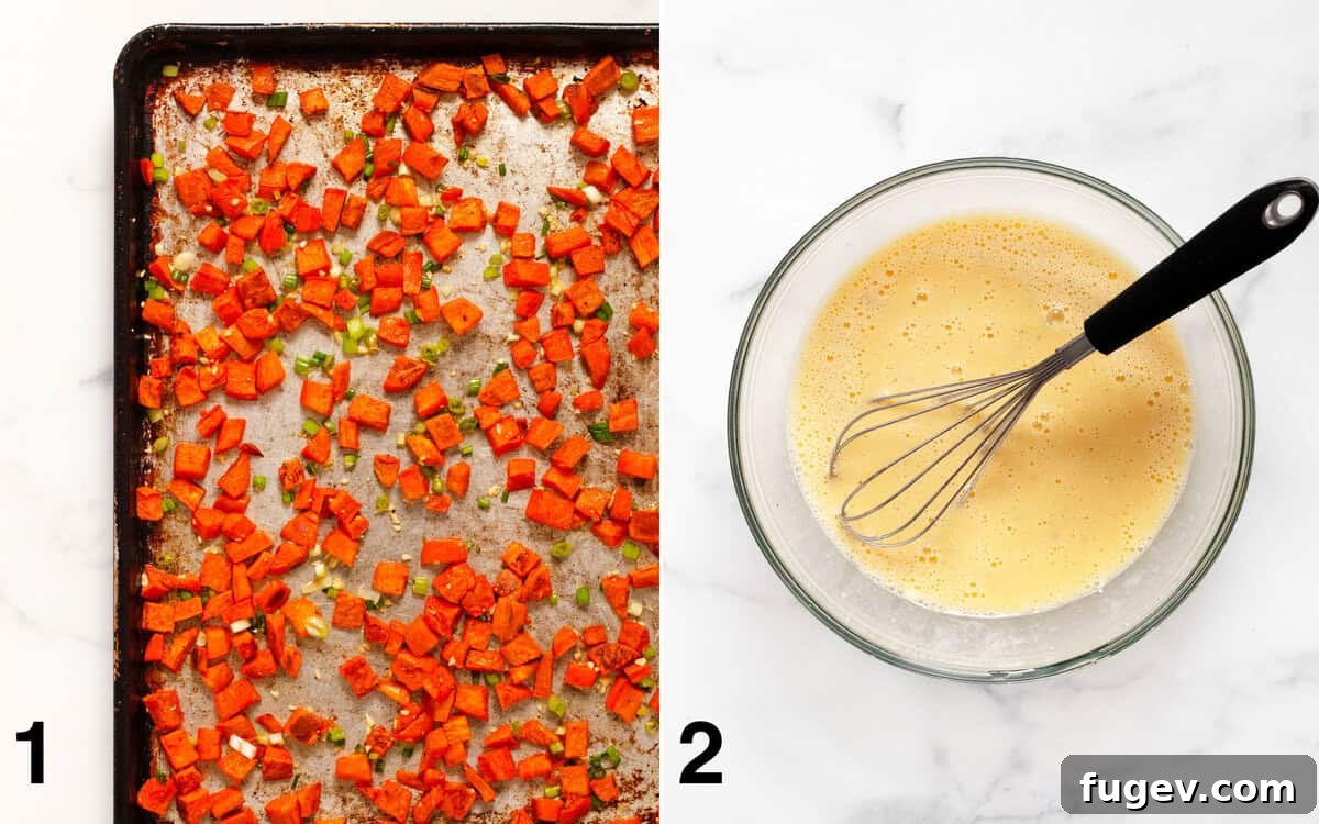 On one baking sheet, perfectly roasted sweet potatoes are tossed with vibrant scallions and fragrant garlic. Next to it, in a large mixing bowl, eggs, creamy cottage cheese, and milk are being whisked together, creating the rich base for the egg bake.