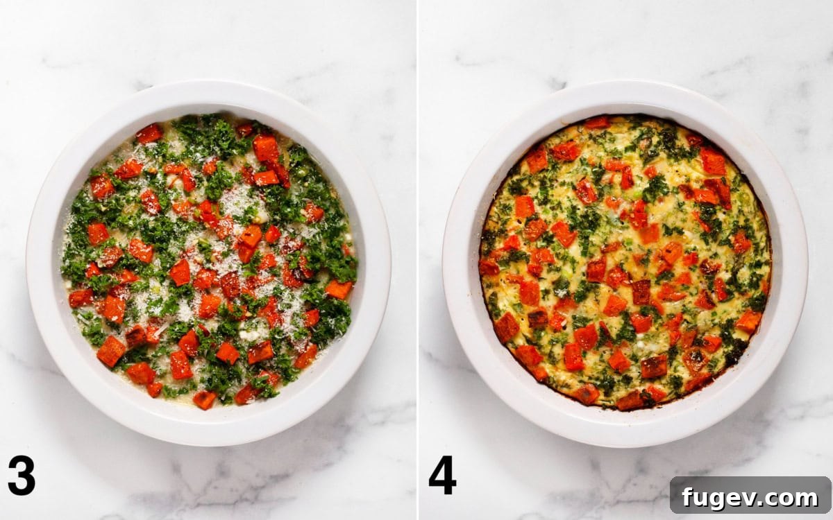 Two images side-by-side. The first shows an uncooked egg bake, beautifully layered with sweet potatoes, kale, and cheese, in a pie dish, ready for the oven. The second image displays the same egg bake, now golden and perfectly set after baking, showcasing its appetizing appeal.