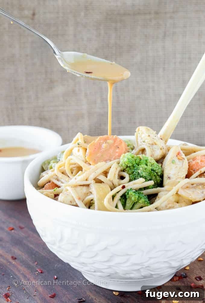 Creamy Thai Peanut Chicken Noodles 5 A beautifully presented bowl of Thai Peanut Chicken Noodle Stir Fry, generously garnished with crushed red pepper flakes and fresh cilantro, poised for serving.