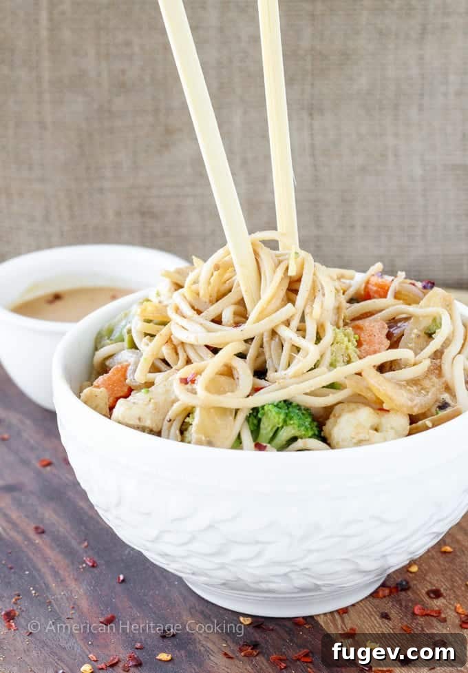 Creamy Thai Peanut Chicken Noodles 7 Large overhead shot of the Thai Peanut Chicken Noodle Stir Fry, showcasing the full dish in a wide, inviting bowl.