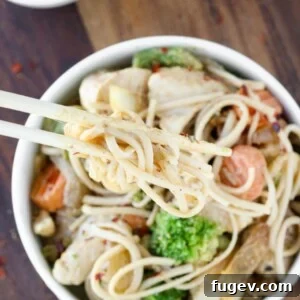 Thai Peanut Chicken Noodle Stir Fry White Bowl