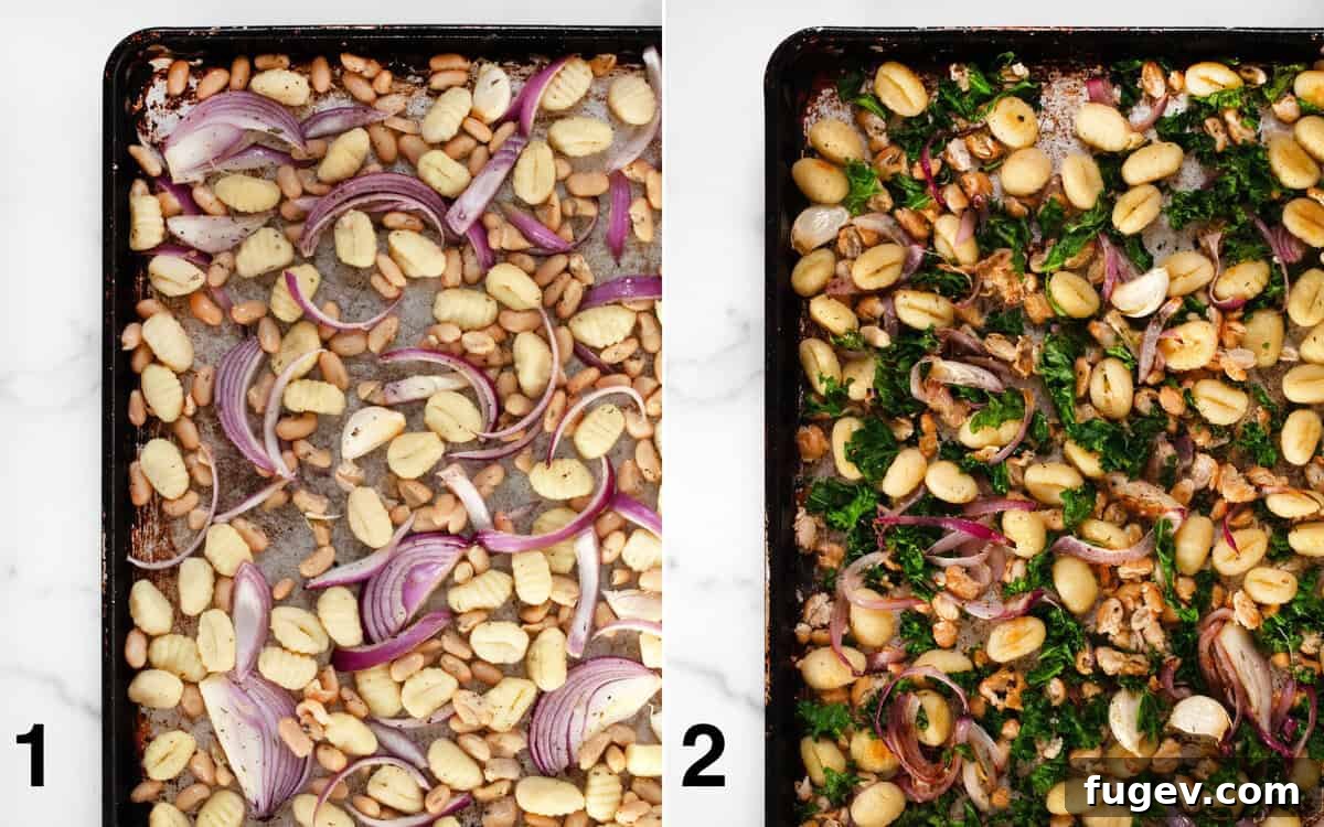 Effortless Sheet Pan Gnocchi, Beans and Kale 4 Two images side by side: one showing gnocchi, white beans, and red onions on a sheet pan before roasting, and the other showing all ingredients, including kale, on the sheet pan after roasting to perfection.