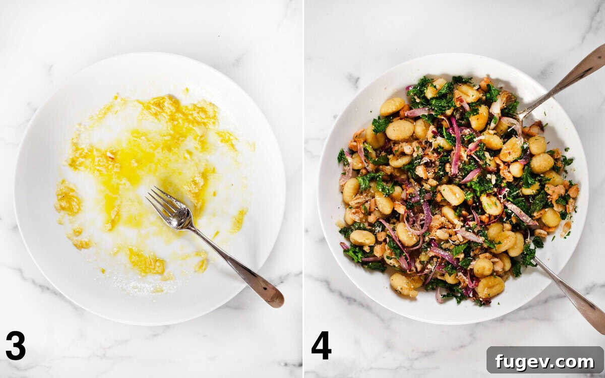 Effortless Sheet Pan Gnocchi, Beans and Kale 5 Two images side by side: one showing roasted garlic mashed with olive oil and lemon juice in a bowl, and the other showing the finished gnocchi, kale, red onions, and white beans stirred into the lemon-garlic-oil mixture.