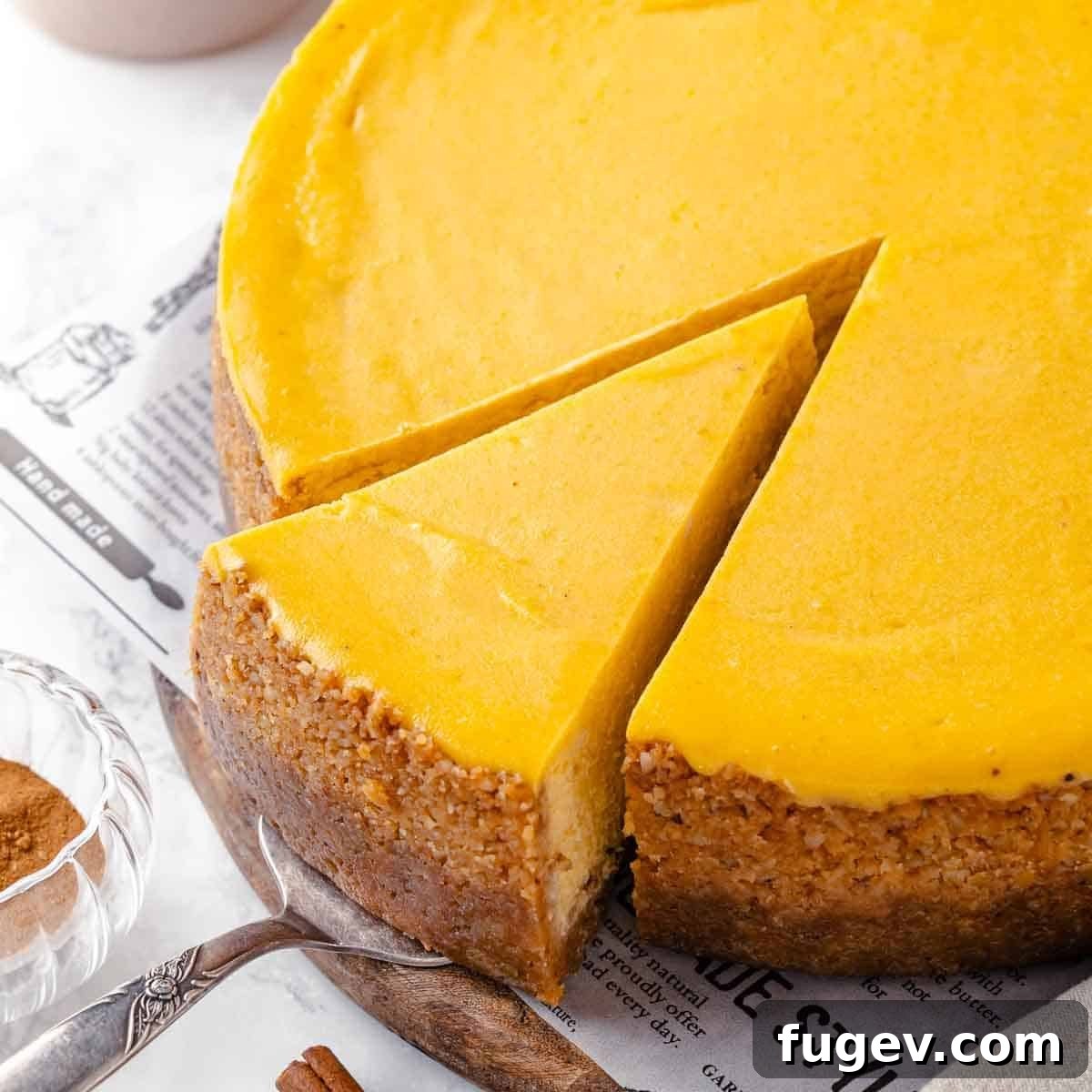 Spiced Pumpkin Cheesecake 3 A beautifully sliced pumpkin cheesecake with a perfect creamy texture.