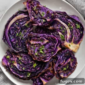 Caramelized slices of roasted red cabbage, marinated in balsamic vinegar and honey.