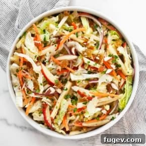 Savoy Cabbage Salad with fresh apples, carrots, red onions, almonds, and quick-pickled golden raisins, drizzled with apple cider vinaigrette.
