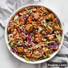 Crispy Baked Tofu Salad with coleslaw mix, cucumbers, and a savory miso peanut dressing.