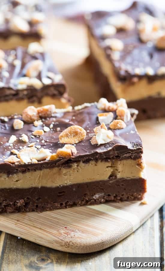 Irresistible Chocolate Peanut Butter Bars 4 Stacked layers of brownie, peanut butter, and chocolate topping on a Chocolate Peanut Butter Bar