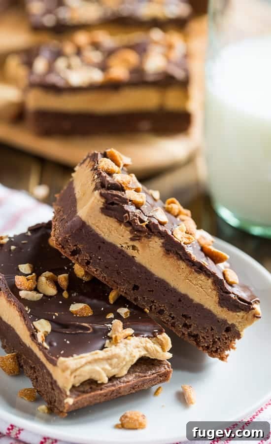 Irresistible Chocolate Peanut Butter Bars 5 The distinct layers of fudgy brownie, creamy peanut butter, and chocolate topping with peanuts