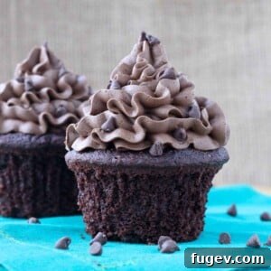 Close-up shot of a perfect chocolate cupcake with smooth chocolate frosting, ready to be enjoyed.